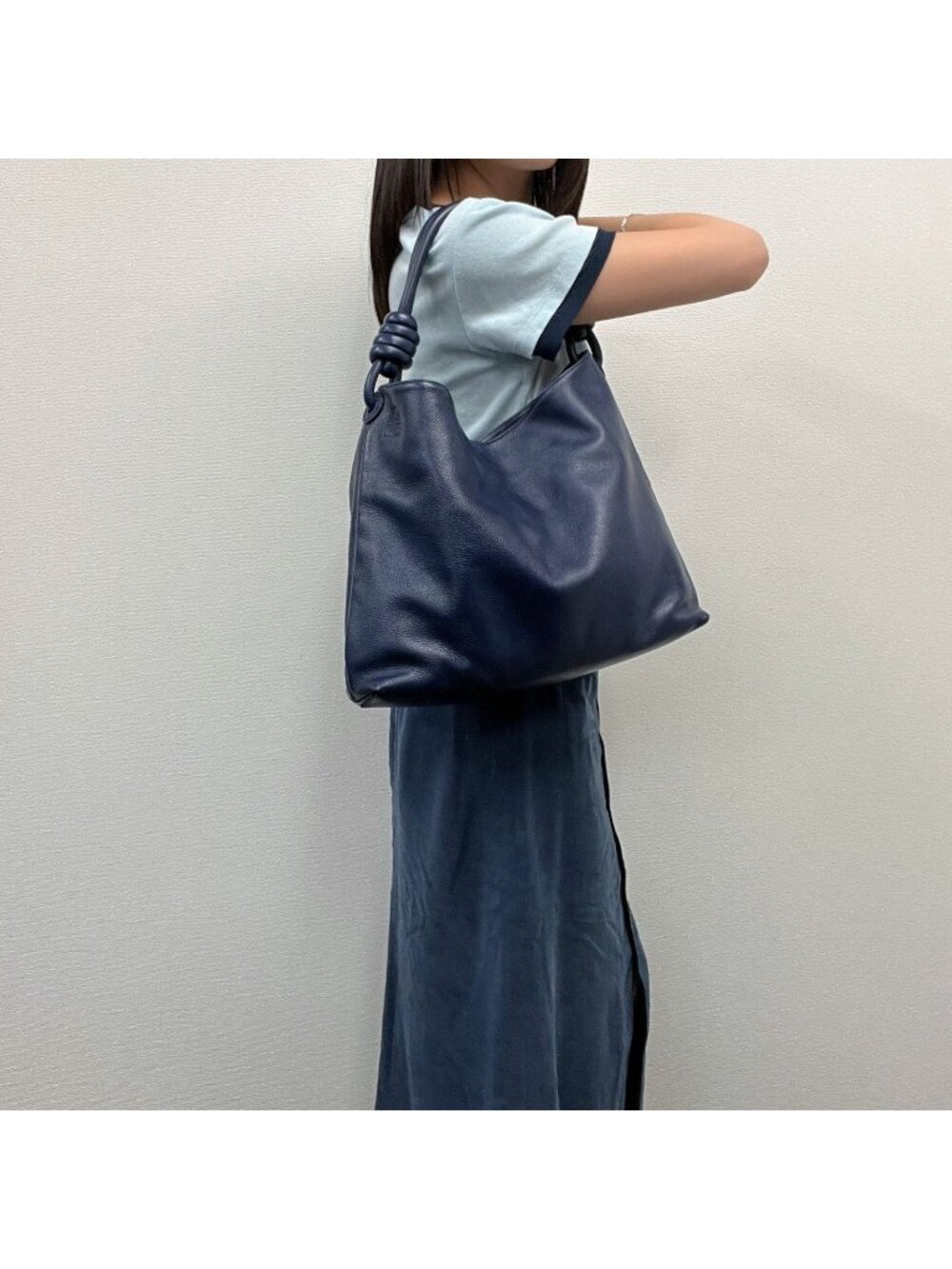 Loewe Anagram Embossed Ring Handle Hobo Shoulder Bag Leather Blue Vintage